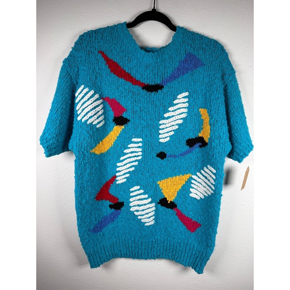 Chaus Vintage 80s Turquoise Popcorn Knit Abstract Geometric Short Sleeve Sweater